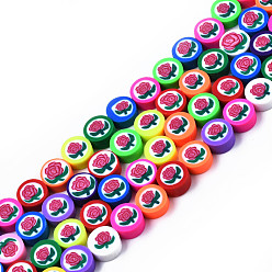 Mixed Color Handmade Polymer Clay Beads Strands, Flat Round with Rose, Mixed Color, 9.5x4~4.5mm, Hole: 1.6mm, about 39~40pcs/strand, 15.08 inch~15.35 inch(38.3~39cm)