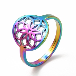 Rainbow Color Ion Plating(IP) 304 Stainless Steel Flower Adjustable Ring for Women, Rainbow Color, US Size 6(16.5mm)
