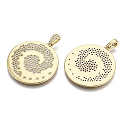 Real 16K Gold Plated Brass Micro Pave Clear Cubic Zirconia Pendants, with Brass Snap on Bails, Nickel Free, Flat Round, Real 16K Gold Plated, 32x30x2mm, Hole: 5x3mm