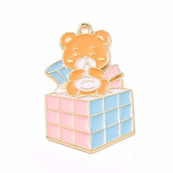 Pink Alloy Enamel Pendants, Magic Cube with Bear Charm, Pink, 33x21x1.5mm, Hole: 2mm
