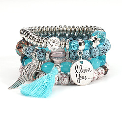 HY-2594-1 Lake Blue Bohemian Style Multi-layered Bracelet with Wing Element and Bodhi Beads for Women