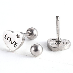 Stainless Steel Color 201 Stainless Steel Barbell Cartilage Earrings, Screw Back Earrings, with 304 Stainless Steel Pins, for Valentine's Day, Heart with Word Love, Stainless Steel Color, 6.5x8x2mm, Pin: 1mm