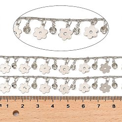 Platinum Rack Plating Brass Flower Link Chains, with Clear Glass Charms, Long-Lasting Plated, Soldered, with Spool, Platinum, flower: 10x7x0.2mm, flat round: 6x4x3mm, about 32.81 Feet(10m)/Roll