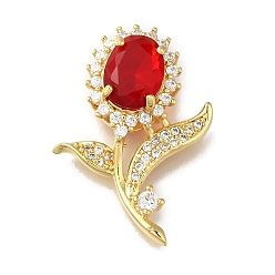 Красный Стойка металлическая латунная микропрофилированная кубическая циркония подвески, долговечный, без кадмия и без свинца, реальный 18 k позолоченный, цветок, красные, 26x19x7 мм, отверстие : 3 мм