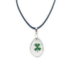 Teardrop Resin with Clover Pendant Necklace with Waxed Cotton Cord for Women, Teardrop Pattern, Pendant: 10~35mm