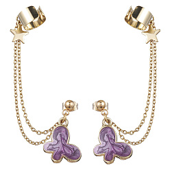 Purple Light Gold 304 Stainless Steel Cuff Earring Chains, Star & Butterfly Alloy Enamel Dangle Stud Earrings Crawler Earrings, Purple, 77mm