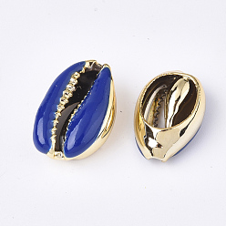 Blue Electroplated Cowrie Shell Beads, with Enamel, No Hole/Undrilled, Golden, Blue, 18~20x12~14x6~7.5mm