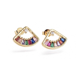 Colorful Brass Micro Pave Cubic Zirconia Stud Crawler Earrings, Climber Earrings, Fan, Golden, Colorful, 15x11.5x2.6mm, Pin: 0.7mm