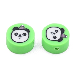 Lime Handmade Polymer Clay Beads, Flat Round with Panda Pattern, Lime, 9x5mm, Hole: 1.5mm