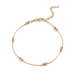 Golden 304 Stainless Steel Box Chain Anklets, with Round Beads and Lobster Claw Clasps, Golden, 9-7/8 inch(25cm), 1.5mm