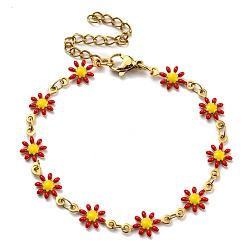 Red Ion Plating(IP) Golden 304 Stainless Steel Flower Link Chain Bracelets with Enamel, Red, 6-1/2 inch(16.5cm)