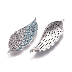Platinum Brass Micro Pave Cubic Zirconia Links connectors, Wing, Clear & Sky Blue, Platinum, 31x11x3mm, Hole: 1.2mm