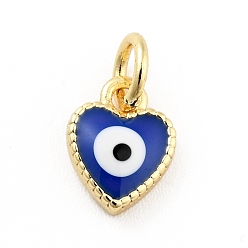 Medium Blue Rack Plating Brass Enamel Charms, with Jump Rings, Cadmium Free & Lead Free, Real 18K Gold Plated, Heart with Evil Eye, Medium Blue, 9x7x2.6mm, Hole: 3mm