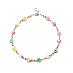 Colorful Orange & Grape & Lollipop & Apple Polymer Clay & Glass Seed Beaded Necklace, Fruit Theme Jewelry for Women, Colorful, 15.87 inch(40.3cm)