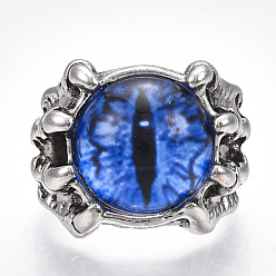 Blue Adjustable Alloy Glass Finger Rings, Wide Band Rings, Dragon Eye, Blue, Size 10, 20mm
