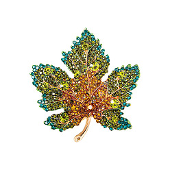 Smoked Topaz Autumn Maple Leaf Light Gold Alloy Rhinestone Brooch Pins, for Sweaters Coats, Smoked Topaz, 50x47mm