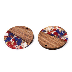Red Transparent Resin & Walnut Wood Pendants, with Gold Foil, Flat Round Charms, Red, 38.5x3mm, Hole: 2mm
