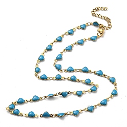 Sky Blue Ion Plating(IP) Golden 304 Stainless Steel Heart Link Chain Necklaces, with Enamel, Sky Blue, 17.72~17.91 inch(45~45.5cm)