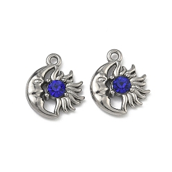 Сапфир 304 подвески из нержавеющей стали, амулеты луны и солнца, со стразами, цвет нержавеющей стали, сапфир, 15x13x3.5 мм, отверстие : 1.5 мм