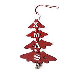 FireBrick Christmas Tree with Word XMAS Creative Wooden Bell Door Hanging Decorations, for Christmas Decorations, FireBrick, 150x105mm