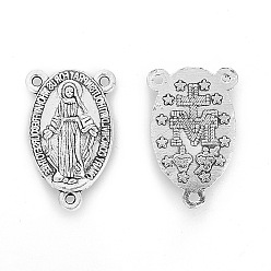 Antique Silver Tibetan Style Alloy Chanderlier Component Links, Cadmium Free & Lead Free, Rosary Center Pieces, Oval with Virgin Mary, Antique Silver, 22x14x2mm, Hole: 1.2mm