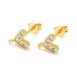 White Brass Micro Pave Cubic Zirconia Stud Earrings Finding, with Loop, Real 18K Gold Plated, Heart, White, 8.2x7.3mm, Hole: 1.2mm, Pin: 0.9mm