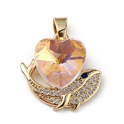 PeachPuff Real 18K Gold Plated Rack Plating Brass Micro Pave Cubic Zirconia Pendants, with Glass, Long-Lasting Plated, Cadmium Free & Lead Free, Heart & Whale, PeachPuff, 19x19x8mm, Hole: 5x3mm