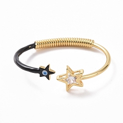 Black Enamel Star with Evil Eye Open Cuff Bangle with Clear Cubic Zirconia, Real 18K Gold Plated Brass Jewelry for Women, Black, Inner Diameter: 2-5/8 inch(6.6cm)