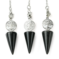 Обсидиан Биолокационный маятник из натурального обсидиана, большие подвески, с древом жизни, покрытие стойки, фурнитура из латуни с платиновым покрытием, без кадмия и без свинца, 220~240 мм, отверстие : 1.5~2 мм