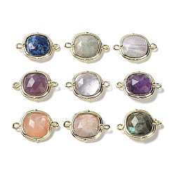 Mixed Stone Natural Mixed Gemstone Connector Charms, Faceted Square Links with Rack Plating Golden Plated Brass Edge Loops, 14x19x5mm, Hole: 1.4mm and 1.8mm