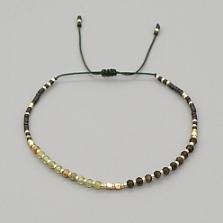 Dark Olive Green Natural Mixed Gemstone & Glass Seed Braided Bead Bracelets, Adjustable Bracelet, Dark Olive Green, No Size
