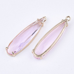 Pearl Pink Transparent Glass Pendants, with Brass Findings, Faceted, Teardrop, Light Gold, Pearl Pink, 32x8x4mm, Hole: 1.2mm