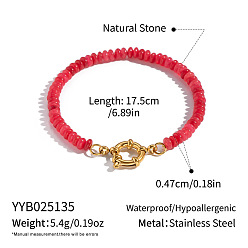 Красный Агат Браслеты из натурального сердолика в форме ронделей, 304 браслеты из нержавеющей стали ссылка для женщин, кольцо, реальный 18 k позолоченный, 6-7/8 дюйм (17.5 см)