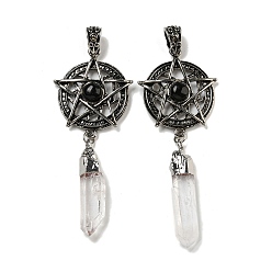 Обсидиан Большие подвески из натурального обсидиана и призмы из кристаллов кварца, антикварные серебряные тона стойки с покрытием из сплава, подвески со звездами, без свинца и без кадмия, 81~86x30x7 мм, отверстие : 4.5x6.5 мм