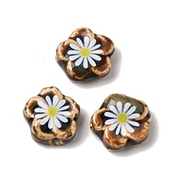 Coconut Brown Glaze Daisy Flower Printed Porcelain Beads, Handmade Floral Ceramic Beads, Coconut Brown, 15~16x15~16x5.5~6.5mm, Hole: 2mm