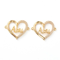 Real 18K Gold Plated Brass Micro Pave Clear Cubic Zirconia Links, Long-Lasting Plated, Heart with Word Abu, Real 18K Gold Plated, 19x23x3mm, Hole: 1.2mm