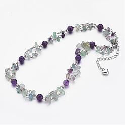 Colorful Natural Amethyst & Fluorite Beaded Tiered Necklaces, Layered Necklaces, with 304 Stainless Steel Lobster Claw Clasps, Colorful, 16.9 inch