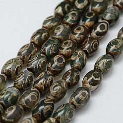 Vert Olive Foncé Style tibétain 3 -eye dzi brins de perles, perles en agate naturelles, teints et chauffée, baril, vert olive foncé, 12x8mm, Trou: 2mm, Environ 30 pcs/chapelet, 13.9 pouces (355 mm)