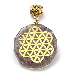 Amethyst Natural Amethyst European Dangle Polygon Charms, Large Hole Pendant with Golden Plated Alloy Flower Slice, 53mm, Hole: 5mm, Pendant: 39x35x11mm