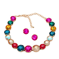 Разноцветный Комплекты из ожерелий и сережек-гвоздиков из сплава, плоско-круглые, со стеклянными стразами, красочный, ожерелья: 12.95 дюйм(32.9см); серьги: 16мм