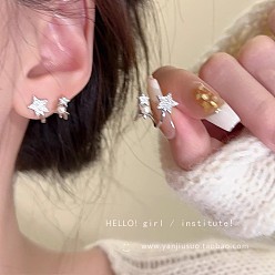 Platinum Star Alloy Rhinestone Studs Earrings, with Rhodium Plated 925 Sterling Silver Pins, Platinum, 50x50mm
