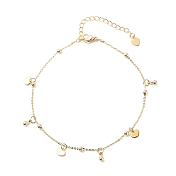 Golden Brass Cable Chains Anklets, with 304 Stainless Steel Heart Charms and Brass Teardrop Pendants, Golden, 9"(23cm)