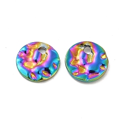 Rainbow Color Ion Plating(IP) 304 Stainless Steel Pendants, Textured, Flat Round Charm, Rainbow Color, 8x1mm, Hole: 1.2mm