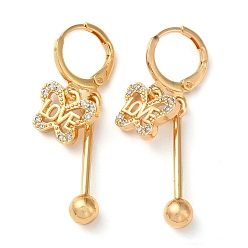 Light Gold Rhinestone Butterfly with Love Leverback Earrings, Brass Bar Drop Earrings for Women, Light Gold, 37mm