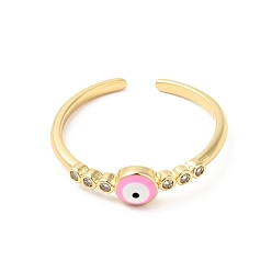 Pearl Pink Enamel Evil Eye Open Cuff Ring with Clear Cubic Zirconia, Real 18K Gold Plated Brass Jewelry for Women, Cadmium Free & Nickel Free & Lead Free, Pearl Pink, US Size 7 3/4(17.9mm)
