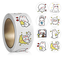 Rabbit Paper Self-Adhesive Animal Sticker Rolls, Round Dot Cartoon Decals for Kid's Art Craft, Rabbit, 25mm, 500pcs/roll