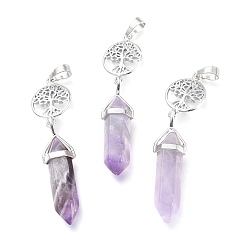 Amethyst Natural Amethyst Pointed Big Pendants, with Platinum Plated Brass Findings, Faceted, Bullet & Tree of Life, 59~67x14~15mm, Hole: 7x5mm