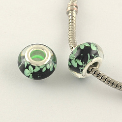 Light Green Large Hole Flower Pattern Resin European Beads, with Silver Color Plated Brass Double Cores, Rondelle, Light Green, 14x9mm, Hole: 5mm