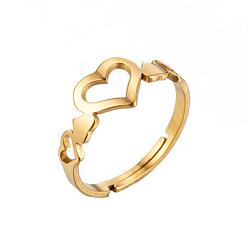 076 Golden Geometric Stainless Steel Hollow Love Heart Ring for Couples - Fashionable and Retro Open Design
