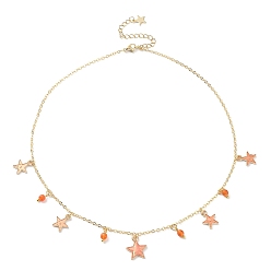 Coral Natural Agate Round & Alloy Enamel Star Charms Bib Necklace with 304 Stainless Steel Chains, Coral, 15.94 inch(40.5cm)